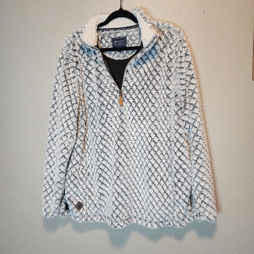 Simply Southern Fuzzy Sherpa Quarter Zip Pullover XL White Navy Diamond Pattern
